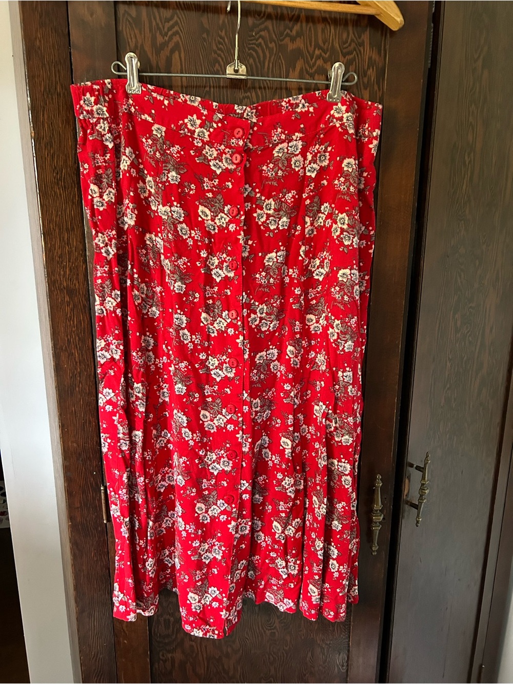 Red Floral Button-Front Women’s Midi Skirt